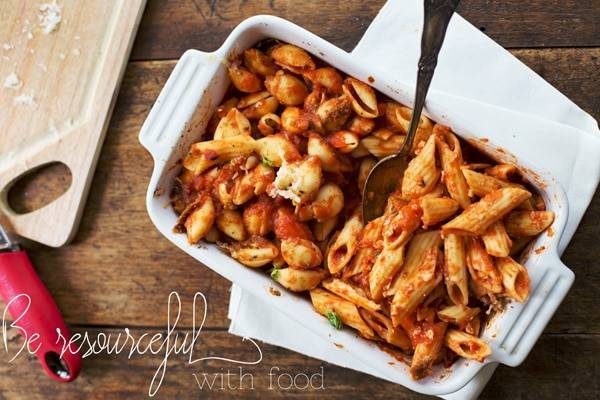 Food in a white dish.