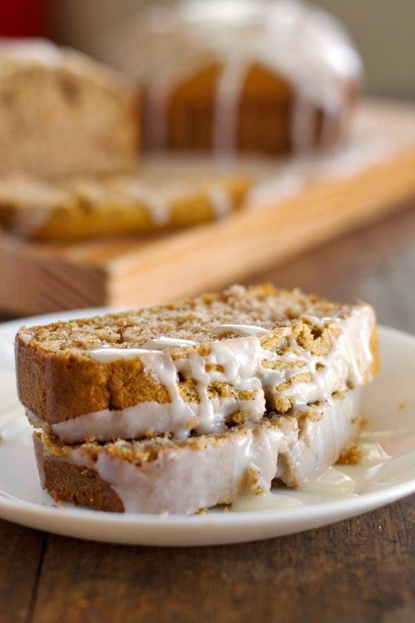 Gingerbread loaves with drizzle on a white plate.