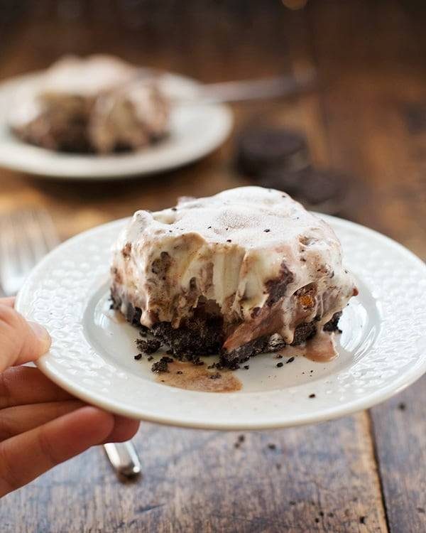 Oreo fudge ice cream bar on a plate.