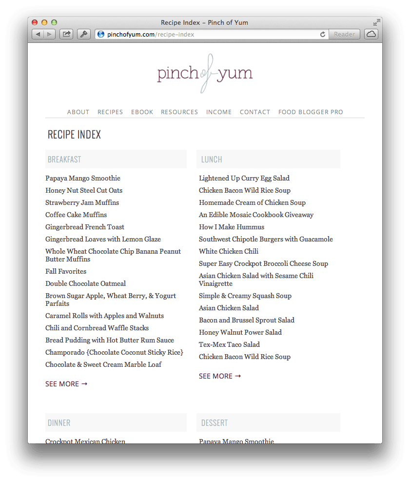 Pinch of Yum Recipes Index.