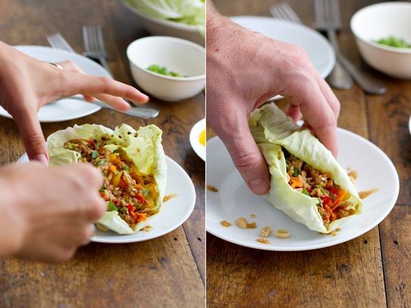 Thai chicken lettuce wraps on a plate.