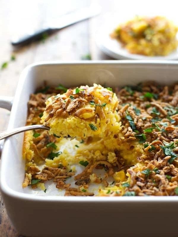 A picture of Creamy Corn Pudding with Crispy Onions and Herbs