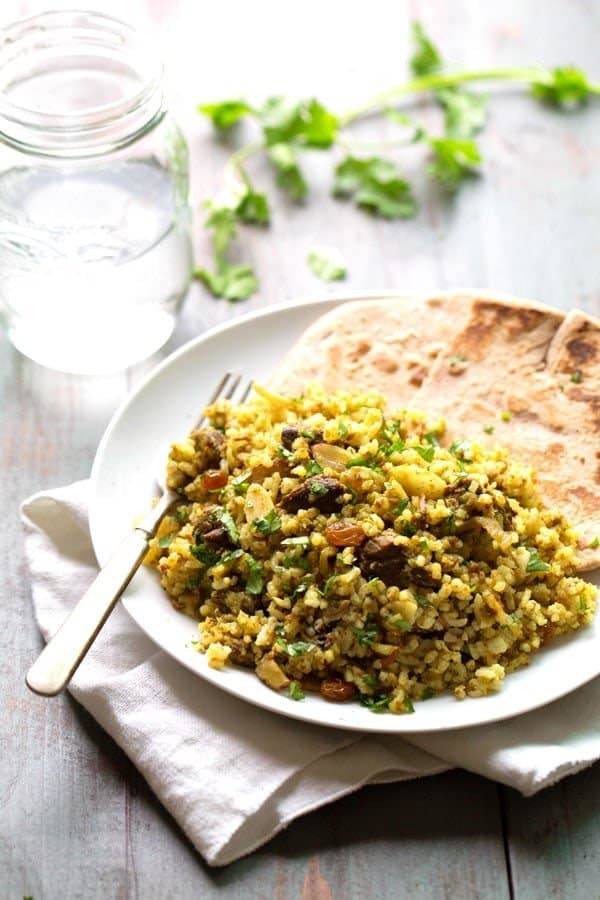 Beef Biryani on a plate with a fork.