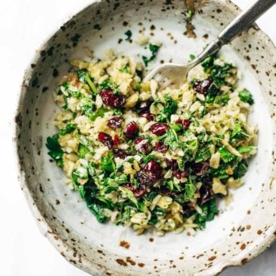 Garlic Kale and Brown Rice Salad in a bowl with a fork.