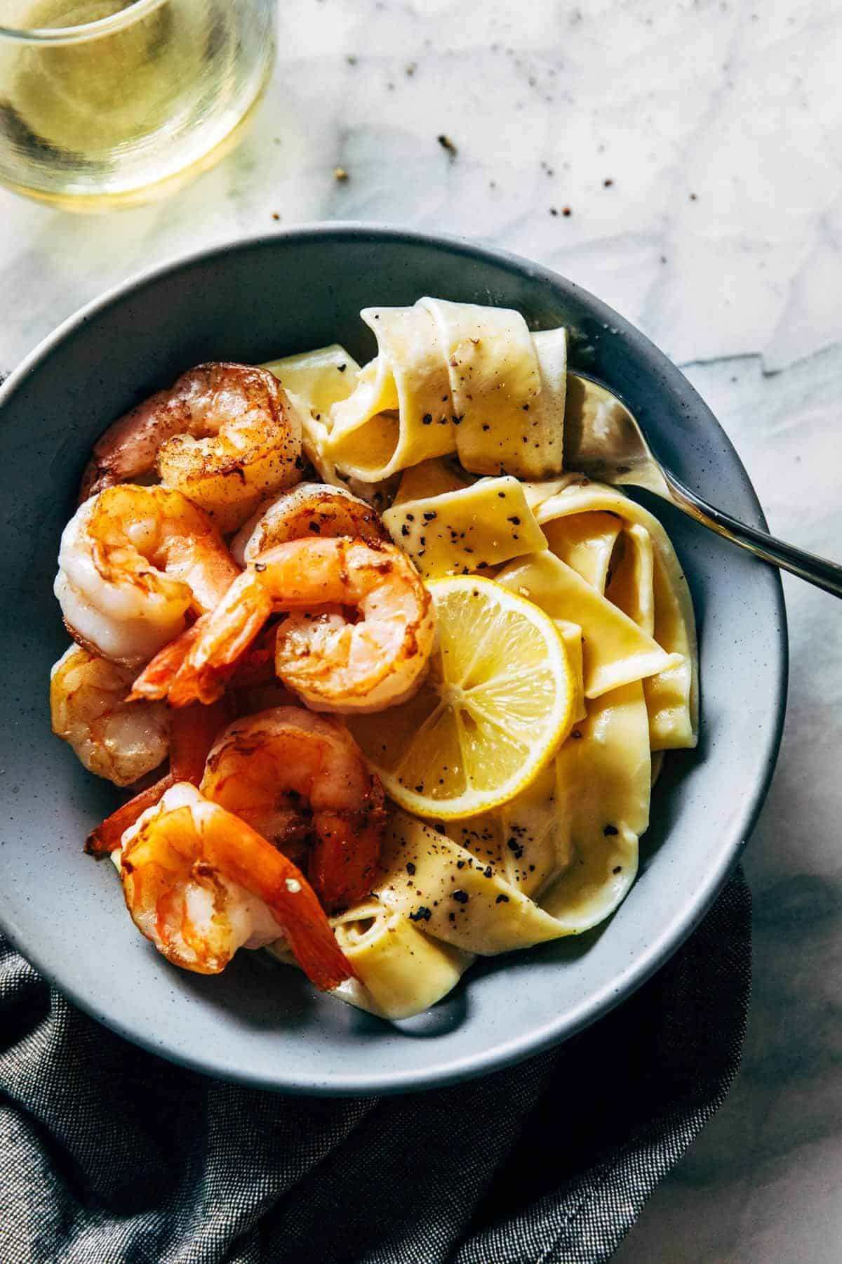 Lemon Pappardelle with Shrimp in a bowl.